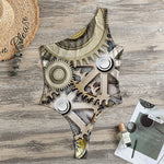 Steampunk Metallic Gears Print One Shoulder Bodysuit