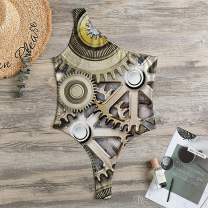 Steampunk Metallic Gears Print One Shoulder Bodysuit