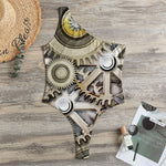 Steampunk Metallic Gears Print One Shoulder Bodysuit
