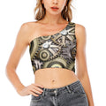 Steampunk Metallic Gears Print One Shoulder Crop Top