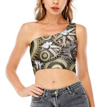 Steampunk Metallic Gears Print One Shoulder Crop Top