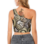 Steampunk Metallic Gears Print One Shoulder Crop Top