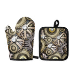Steampunk Metallic Gears Print Oven Mitt And Pot Holder Set