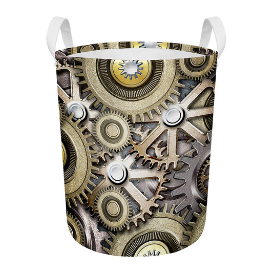Steampunk Metallic Gears Print Round Laundry Basket