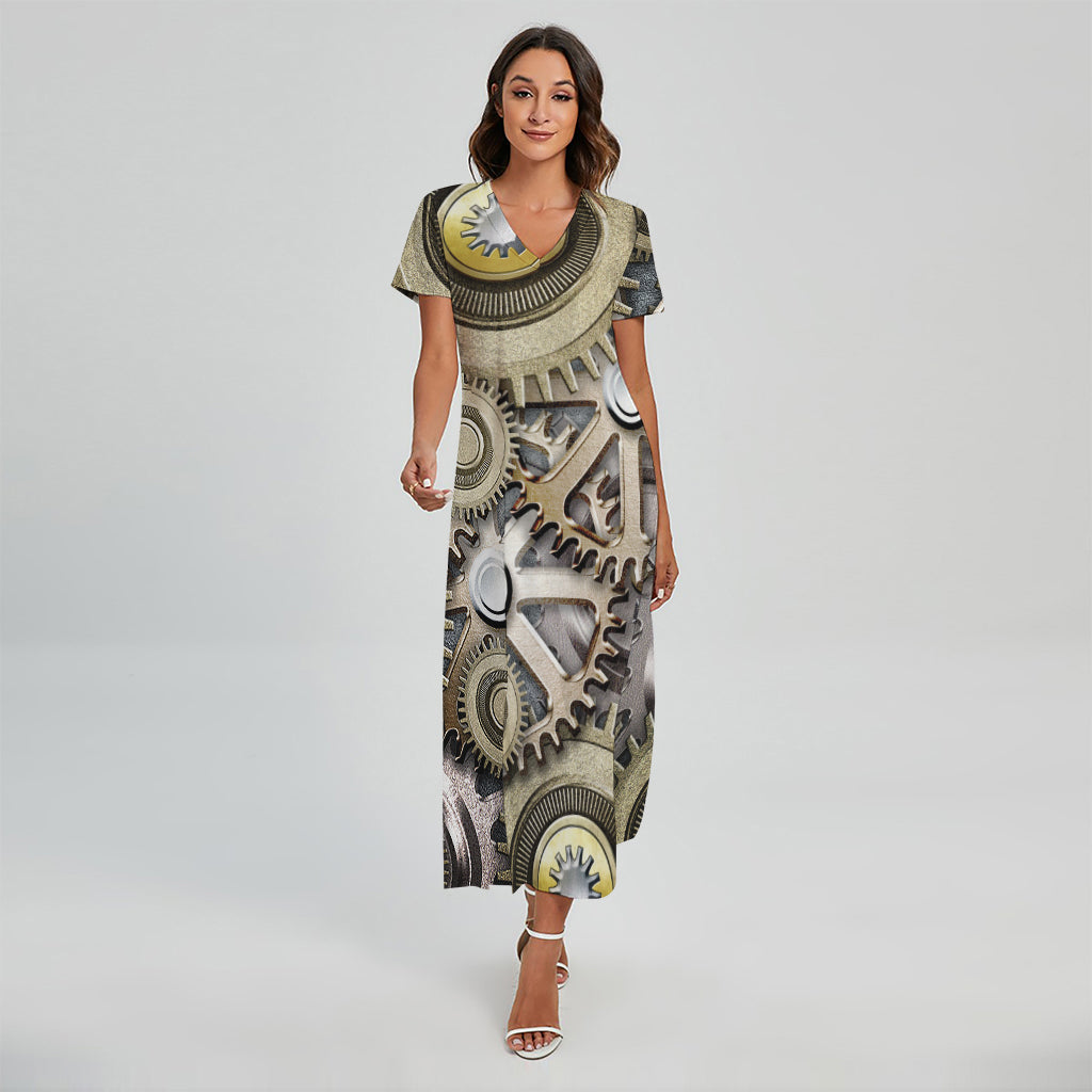 Steampunk Metallic Gears Print Short Sleeve Maxi Dress