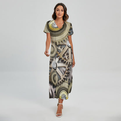 Steampunk Metallic Gears Print Short Sleeve Maxi Dress