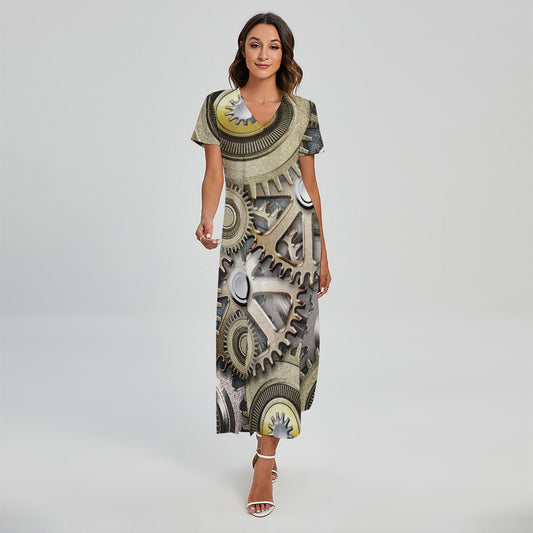 Steampunk Metallic Gears Print Short Sleeve Maxi Dress