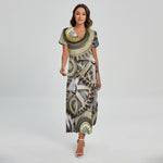 Steampunk Metallic Gears Print Short Sleeve Maxi Dress