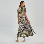 Steampunk Metallic Gears Print Short Sleeve Maxi Dress
