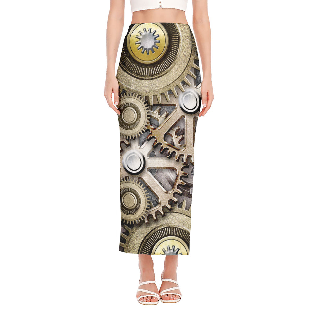 Steampunk Metallic Gears Print Side Slit Maxi Skirt