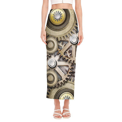 Steampunk Metallic Gears Print Side Slit Maxi Skirt