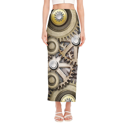 Steampunk Metallic Gears Print Side Slit Maxi Skirt