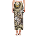 Steampunk Metallic Gears Print Side Slit Maxi Skirt