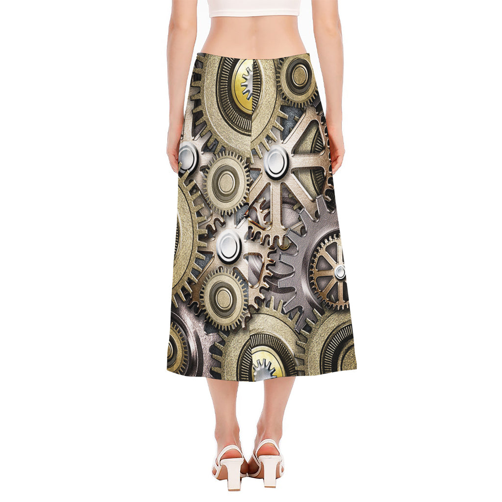 Steampunk Metallic Gears Print Side Slit Midi Skirt