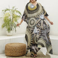 Steampunk Metallic Gears Print Silk V-Neck Kaftan Dress