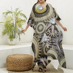 Steampunk Metallic Gears Print Silk V-Neck Kaftan Dress