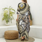 Steampunk Metallic Gears Print Silk V-Neck Kaftan Dress