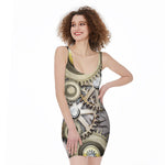 Steampunk Metallic Gears Print Sleeveless Bodycon Dress