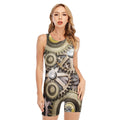Steampunk Metallic Gears Print Sleeveless One Piece Swimsuit