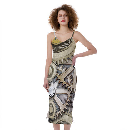 Steampunk Metallic Gears Print Slim Fit Midi Cami Dress