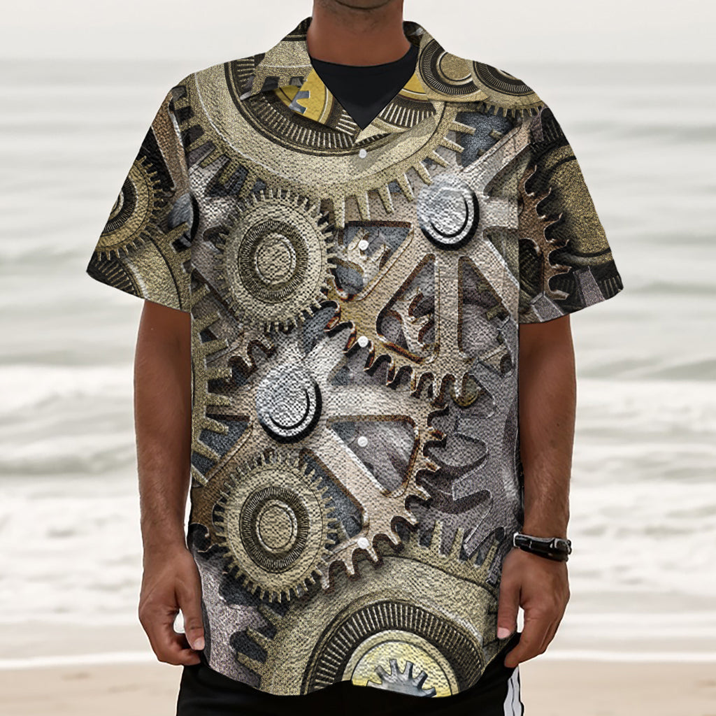 Steampunk Metallic Gears Print Textured Short Sleeve Shirt