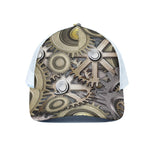 Steampunk Metallic Gears Print White Mesh Trucker Cap