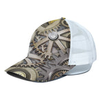 Steampunk Metallic Gears Print White Mesh Trucker Cap