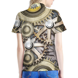 Steampunk Metallic Gears Print Women's Polo Shirt