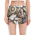 Steampunk Metallic Gears Print Women's Split Running Shorts