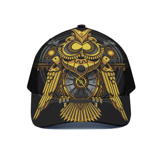 Steampunk Owl Print Black Mesh Trucker Cap