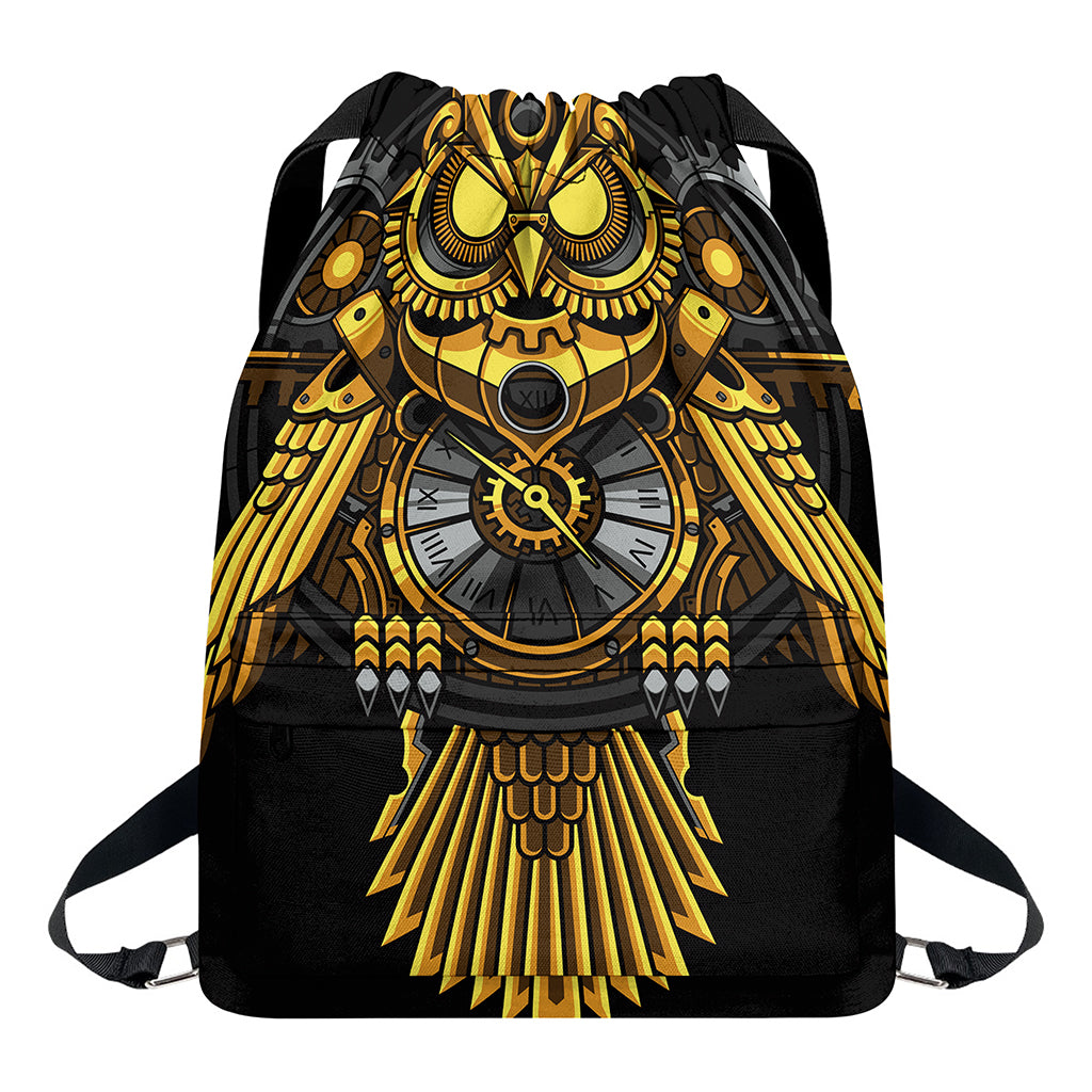 Steampunk Owl Print Drawstring Backpack