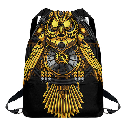 Steampunk Owl Print Drawstring Backpack