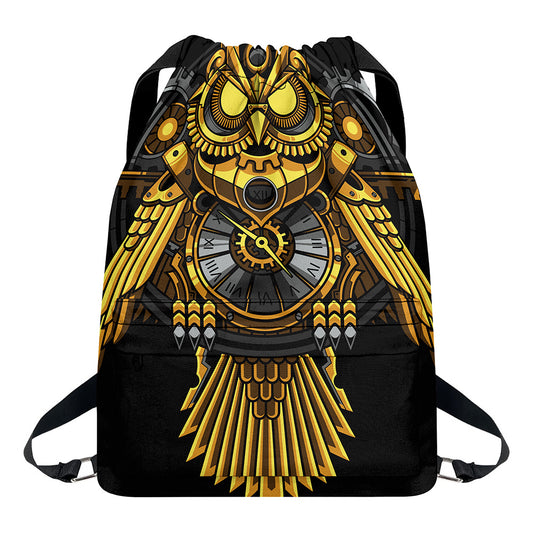 Steampunk Owl Print Drawstring Backpack