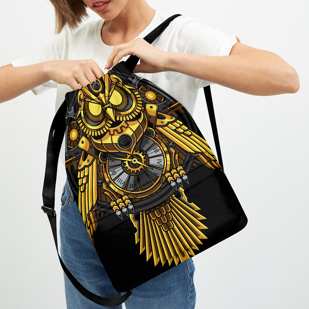 Steampunk Owl Print Drawstring Backpack