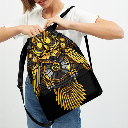 Steampunk Owl Print Drawstring Backpack