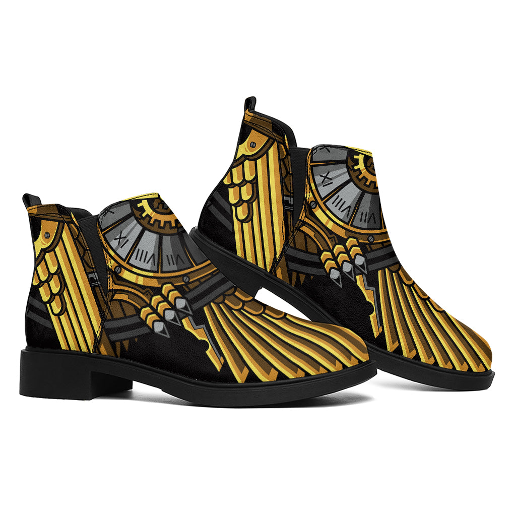 Steampunk Owl Print Flat Ankle Boots