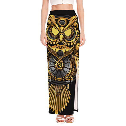 Steampunk Owl Print High Slit Maxi Skirt