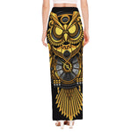 Steampunk Owl Print High Slit Maxi Skirt