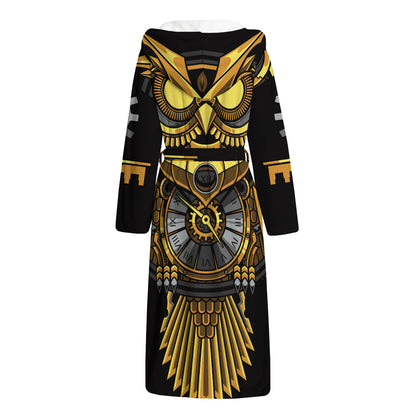 Steampunk Owl Print Hooded Bathrobe