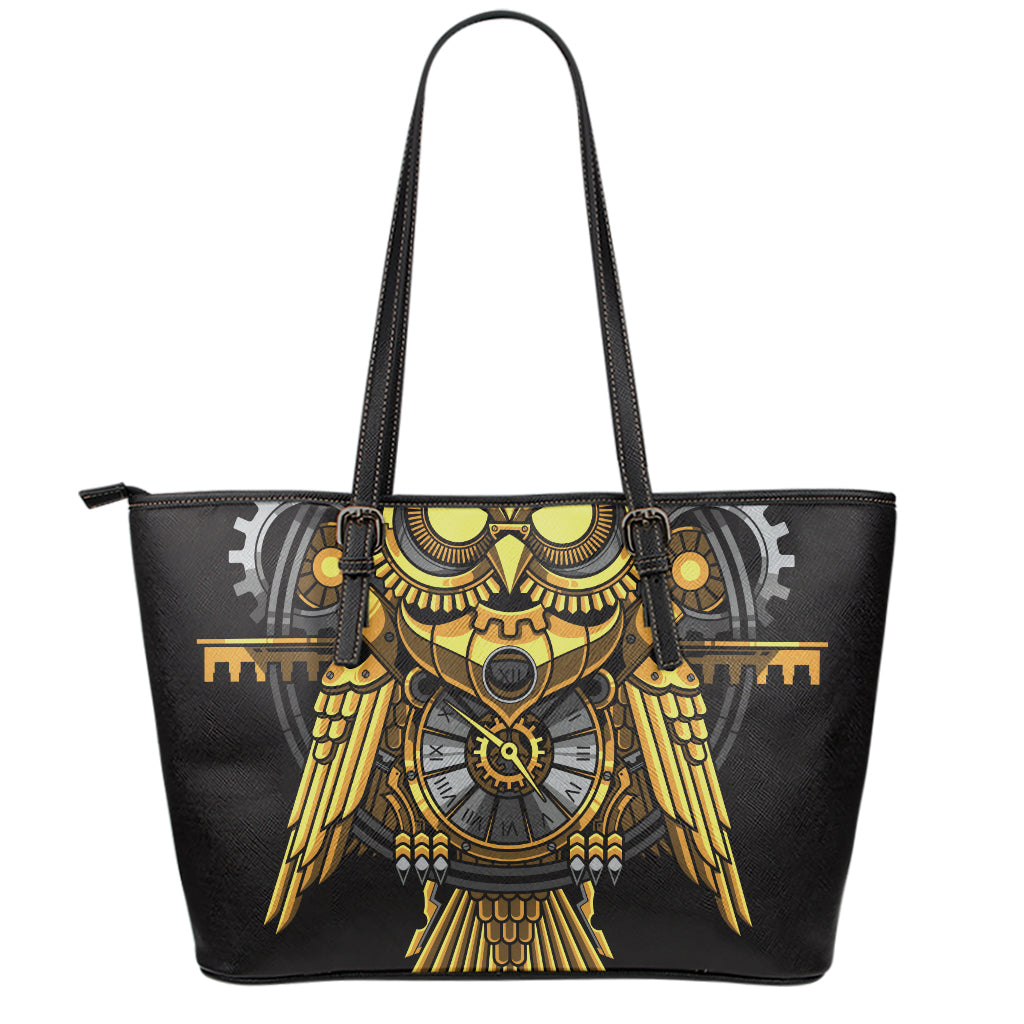 Steampunk Owl Print Leather Tote Bag