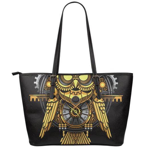 Steampunk Owl Print Leather Tote Bag