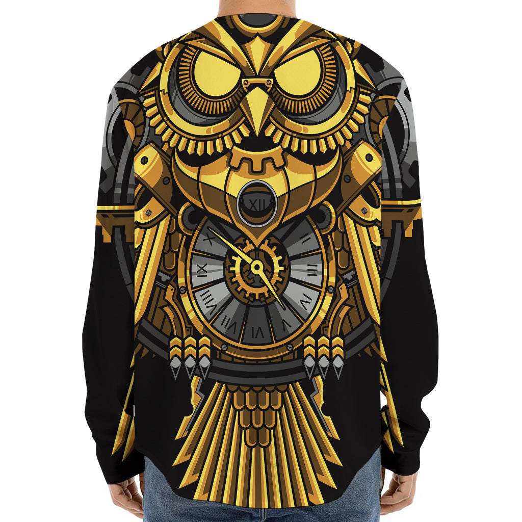 Steampunk Owl Print Long Sleeve Baseball Jersey