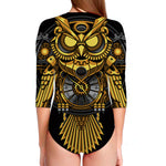 Steampunk Owl Print Long Sleeve Swimsuit