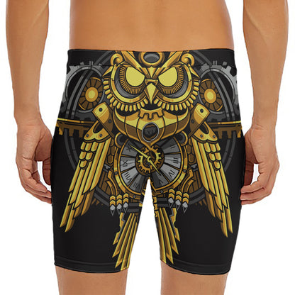Steampunk Owl Print Men's Long Boxer Briefs