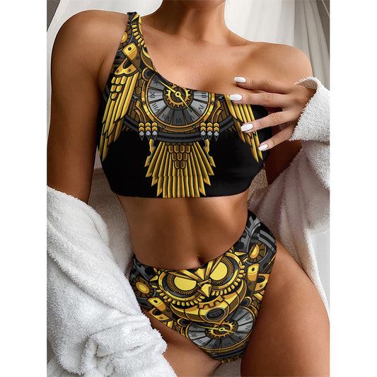 Steampunk Owl Print One Shoulder Bikini Top