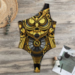 Steampunk Owl Print One Shoulder Bodysuit