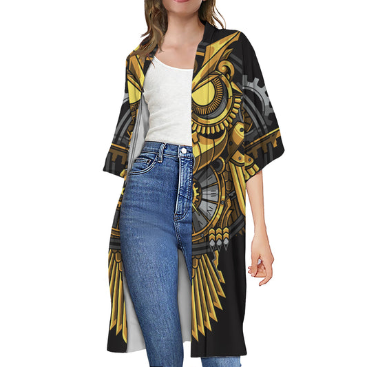 Steampunk Owl Print Open Front Beach Cover Up