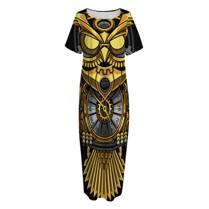 Steampunk Owl Print Short Sleeve Long Nightdress
