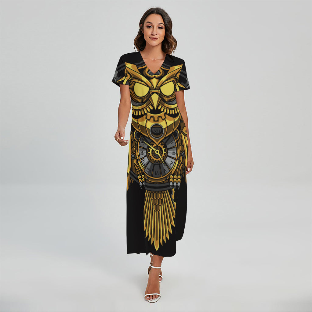 Steampunk Owl Print Short Sleeve Maxi Dress