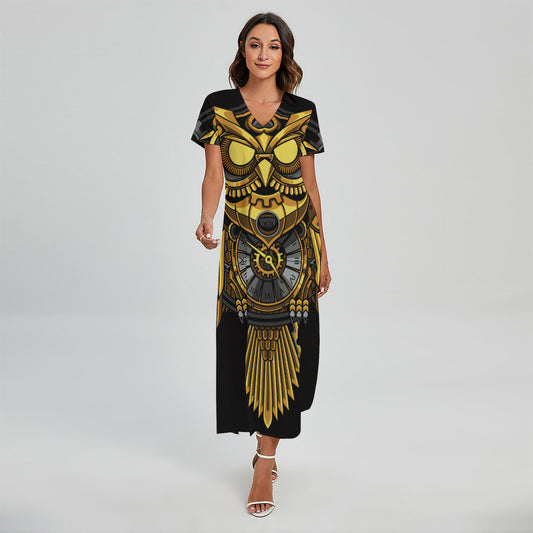 Steampunk Owl Print Short Sleeve Maxi Dress